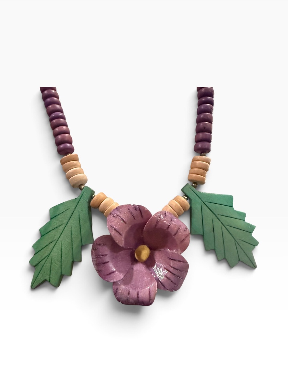 Vintage Hand Carved Wood Flower Necklace Purple Green Statement Artisan - Picture 2 of 4